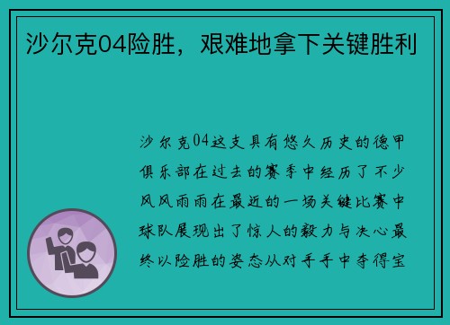 沙尔克04险胜，艰难地拿下关键胜利